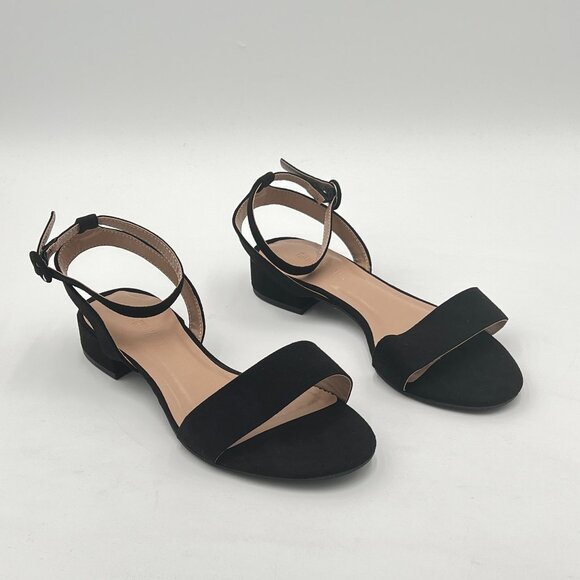 Black Strappy Low Heel Sandal Open Toe Ankle Strap Slingback Chunky Heel Shoes - Picture 1 of 6